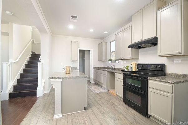 Interior, Kitchen, Recessed Lighting, Wood Texture Flooring