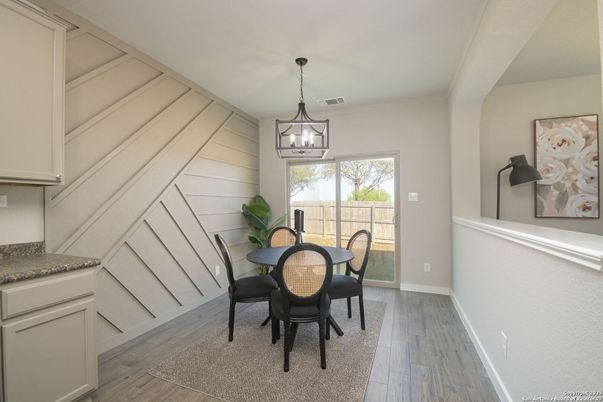 Dining room, Interior, Pendant Lights, Wood Texture Flooring