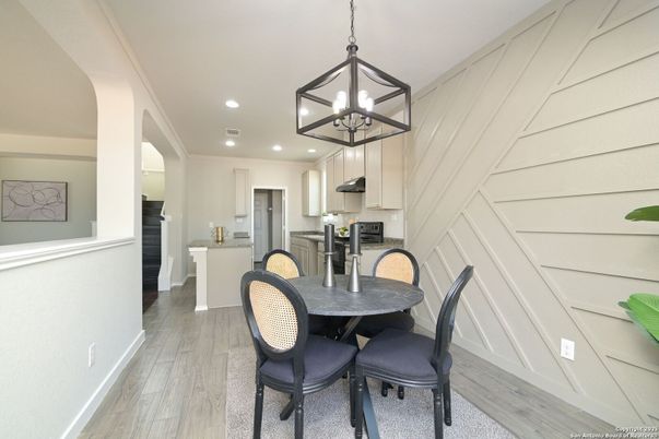 Dining room, Interior, Kitchen, Pendant Lights, Recessed Lighting, Wood Texture Flooring