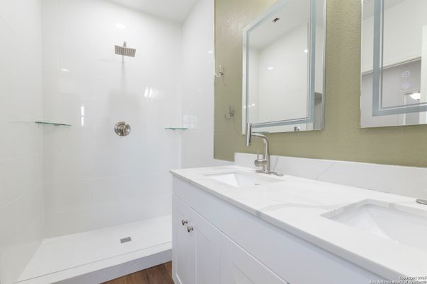 Bathroom, Dual Sink Vanities, Interior, Wood Texture Flooring