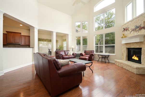 Fireplace, Interior, Living room, Recessed Lighting, Wood Texture Flooring