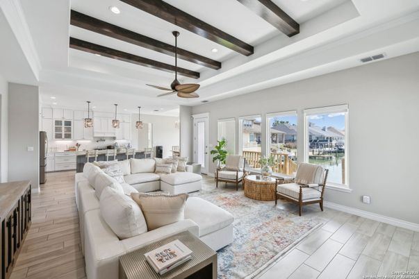 Interior, Kitchen, Living room, Pendant Lights, Recessed Lighting, Wooden Beams, Wood Texture Flooring
