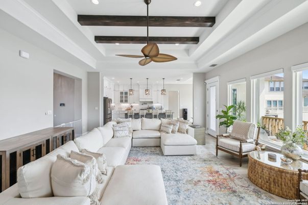 Interior, Kitchen, Living room, Pendant Lights, Recessed Lighting, Stainless Steel Appliances, Wooden Beams, Wood Texture Flooring