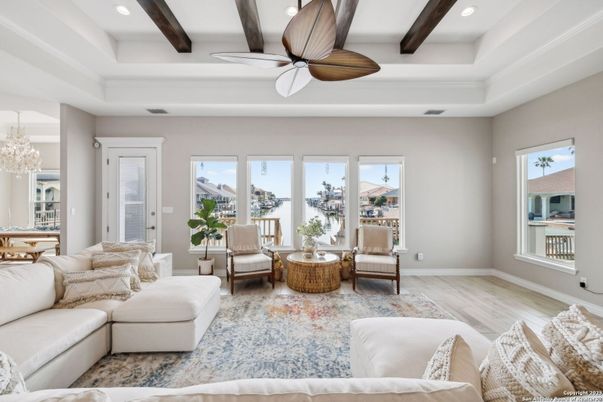 Chandelier, Interior, Living room, Recessed Lighting, Wooden Beams, Wood Texture Flooring
