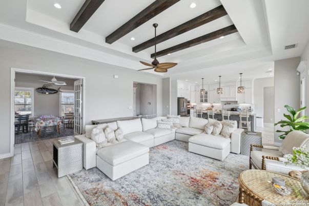 Dining room, Interior, Kitchen, Living room, Pendant Lights, Recessed Lighting, Stainless Steel Appliances, Wooden Beams, Wood Texture Flooring