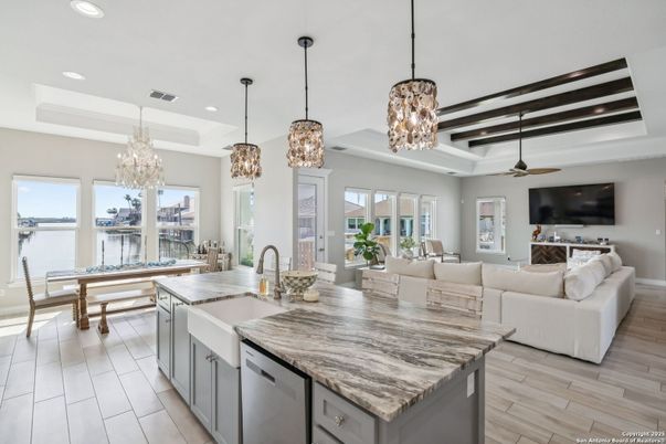 Chandelier, Dining room, Interior, Kitchen, Living room, Pendant Lights, Recessed Lighting, Wood Texture Flooring