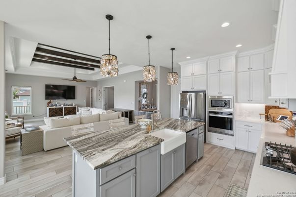 Interior, Kitchen, Living room, Pendant Lights, Recessed Lighting, Stainless Steel Appliances, Wood Texture Flooring