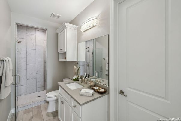 Bathroom, Glass Shower, Interior, Marble Walls, Wood Texture Flooring
