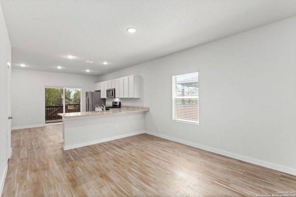 Empty room, Interior, Kitchen, Recessed Lighting, Wood Texture Flooring