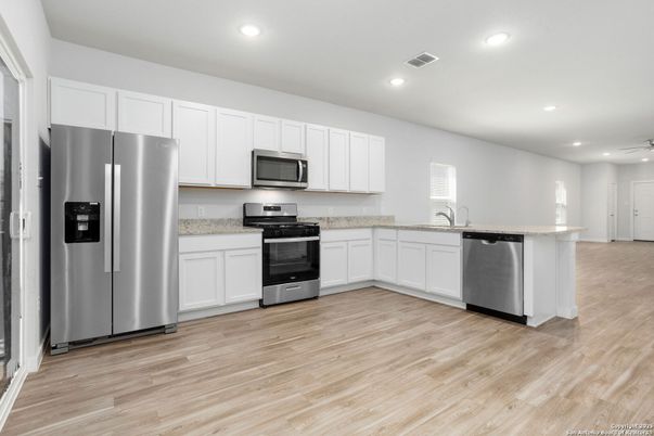 Interior, Kitchen, Recessed Lighting, Stainless Steel Appliances, Wood Texture Flooring