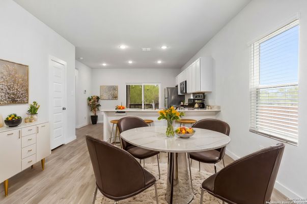Dining room, Interior, Kitchen, Recessed Lighting, Wood Texture Flooring