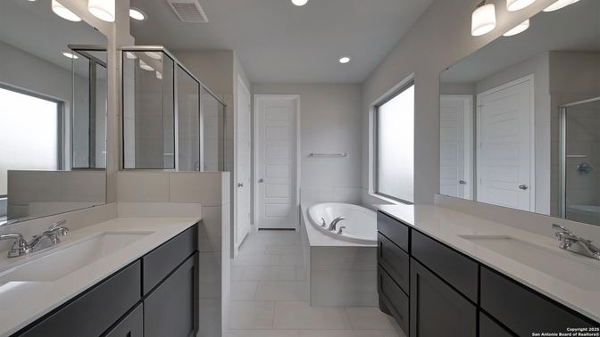 Bathroom, Dual Sink Vanities, Glass Shower, Interior, Recessed Lighting