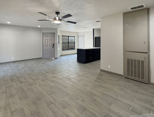 Empty room, Interior, Kitchen, Recessed Lighting, Wood Texture Flooring