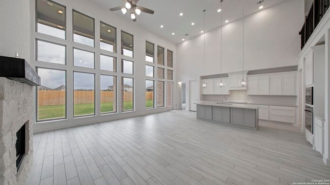 Fireplace, Interior, Kitchen, Pendant Lights, Recessed Lighting, Wood Texture Flooring