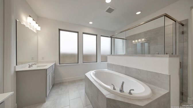 Bathroom, Dual Sink Vanities, Glass Shower, Interior, Recessed Lighting