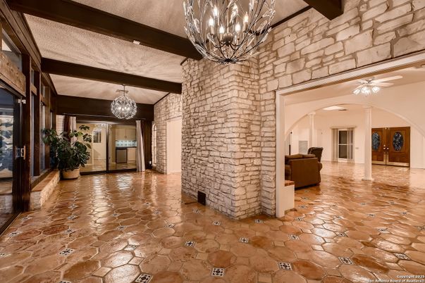 Chandelier, Interior, Pendant Lights, Stone Walls, Wooden Beams