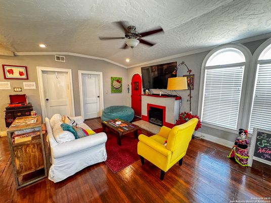 Fireplace, Interior, Living room, Recessed Lighting, Wood Texture Flooring