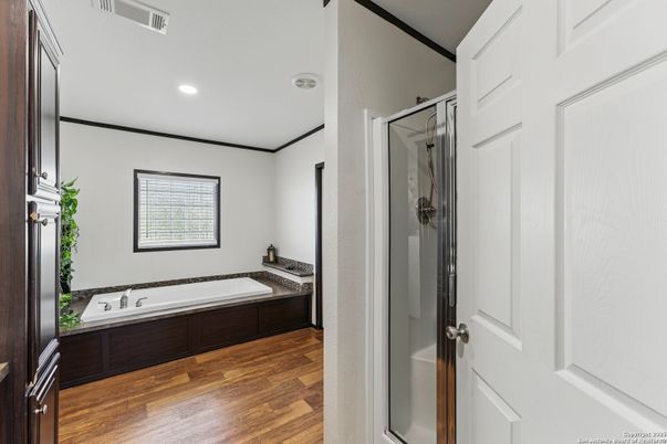 Bathroom, Glass Shower, Interior, Recessed Lighting, Wood Texture Flooring