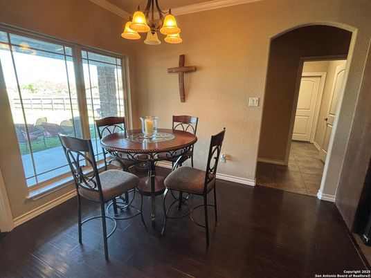 Chandelier, Dining room, Interior, Wood Texture Flooring
