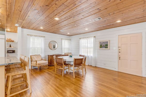 Dining room, Interior, Recessed Lighting, Wooden Ceilings, Wood Texture Flooring