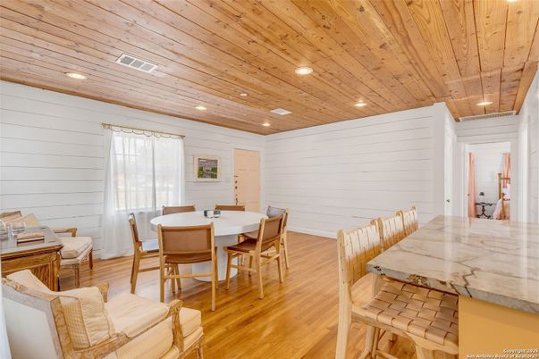 Dining room, Interior, Recessed Lighting, Wooden Ceilings, Wood Texture Flooring