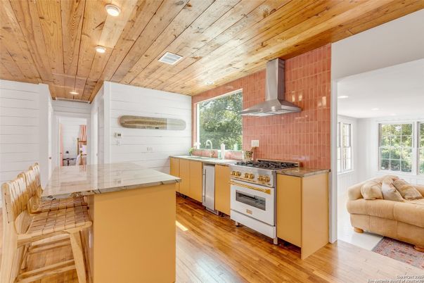 Interior, Kitchen, Recessed Lighting, Stainless Steel Appliances, Wooden Ceilings, Wood Texture Flooring