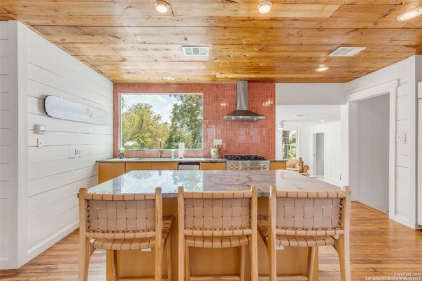Interior, Kitchen, Recessed Lighting, Stainless Steel Appliances, Wooden Ceilings, Wood Texture Flooring