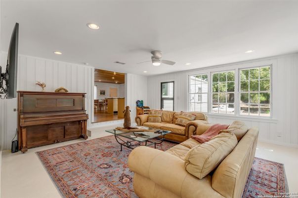 Fireplace, Interior, Kitchen, Living room, Piano, Recessed Lighting, Wood Texture Flooring