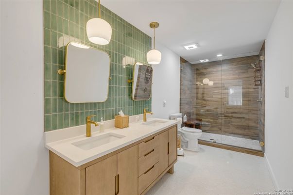 Bathroom, Dual Sink Vanities, Glass Shower, Interior, Pendant Lights, Recessed Lighting