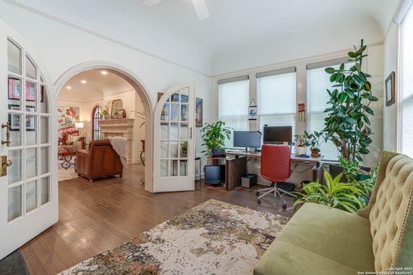 Fireplace, Home Office, Interior, Living room, Recessed Lighting, Wood Texture Flooring