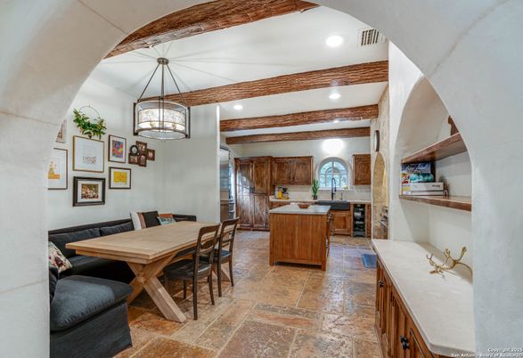Dining room, Interior, Kitchen, Pendant Lights, Recessed Lighting, Wooden Beams
