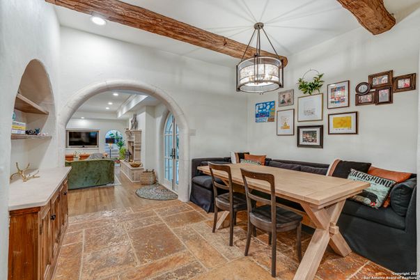 Dining room, Interior, Pendant Lights, Recessed Lighting, Wood Texture Flooring
