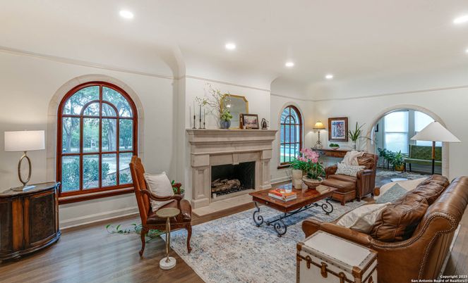 Fireplace, Interior, Living room, Recessed Lighting, Wood Texture Flooring