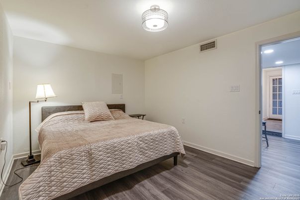 Bedroom, Interior, Recessed Lighting, Wood Texture Flooring