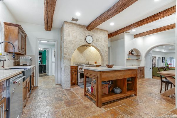 Interior, Kitchen, Recessed Lighting, Stainless Steel Appliances, Stone Walls, Wooden Beams