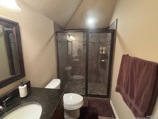 Bathroom, Glass Shower, Interior, Recessed Lighting, Wood Texture Flooring