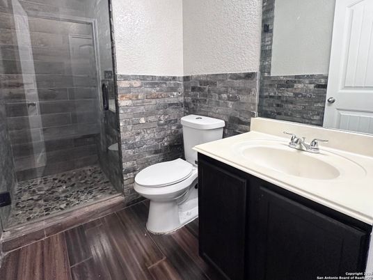 Bathroom, Glass Shower, Interior, Wood Texture Flooring