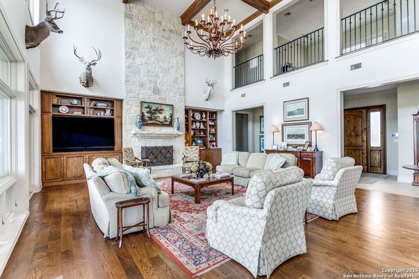 Chandelier, Fireplace, Interior, Living room, Wooden Beams, Wood Texture Flooring