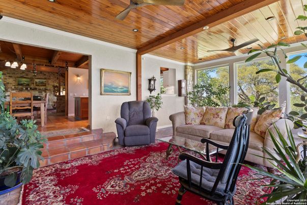 Interior, Living room, Recessed Lighting, Stone Walls, Wooden Beams, Wooden Ceilings