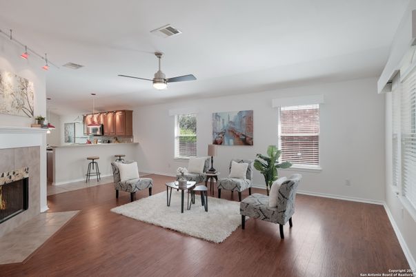 Fireplace, Interior, Living room, Pendant Lights, Wood Texture Flooring