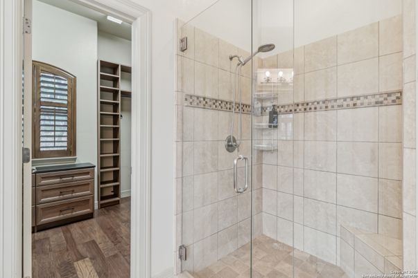 Bathroom, Glass Shower, Interior, Wood Texture Flooring