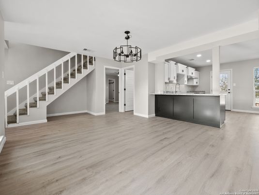 Chandelier, Interior, Kitchen, Recessed Lighting, Wood Texture Flooring