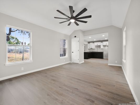 Empty room, Interior, Kitchen, Recessed Lighting, Wood Texture Flooring
