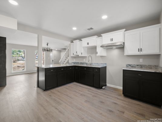 Interior, Kitchen, Pendant Lights, Recessed Lighting, Wood Texture Flooring