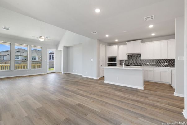 Empty room, Interior, Kitchen, Recessed Lighting, Wood Texture Flooring