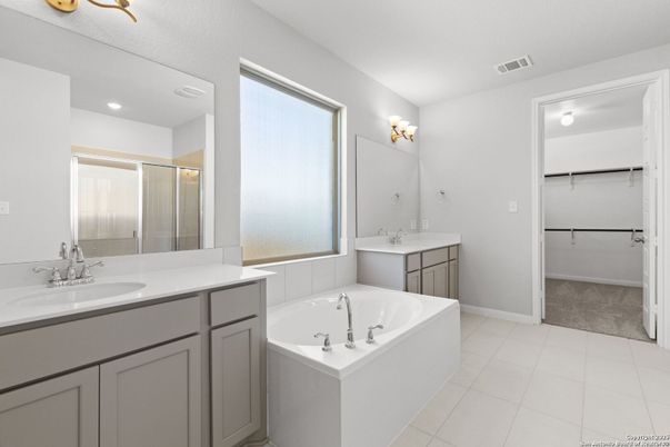 Bathroom, Dual Sink Vanities, Glass Shower, Interior, Recessed Lighting