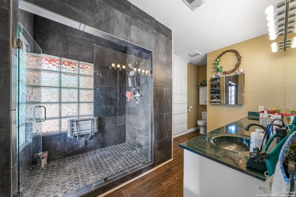 Bathroom, Glass Shower, Interior, Wood Texture Flooring