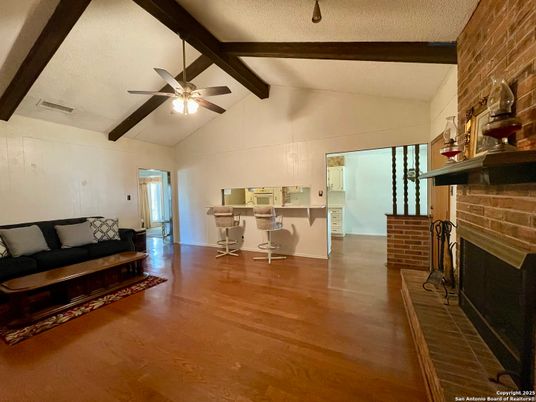 Fireplace, Interior, Kitchen, Stone Walls, Wooden Beams, Wood Texture Flooring