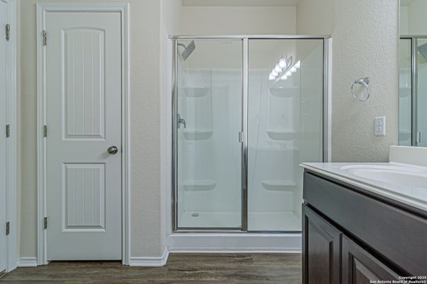 Bathroom, Glass Shower, Interior, Wood Texture Flooring