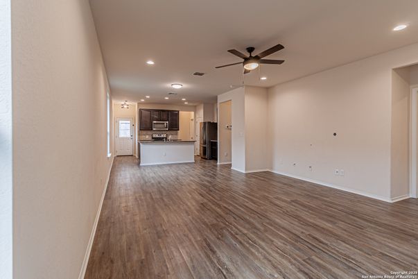 Empty room, Interior, Kitchen, Recessed Lighting, Wood Texture Flooring